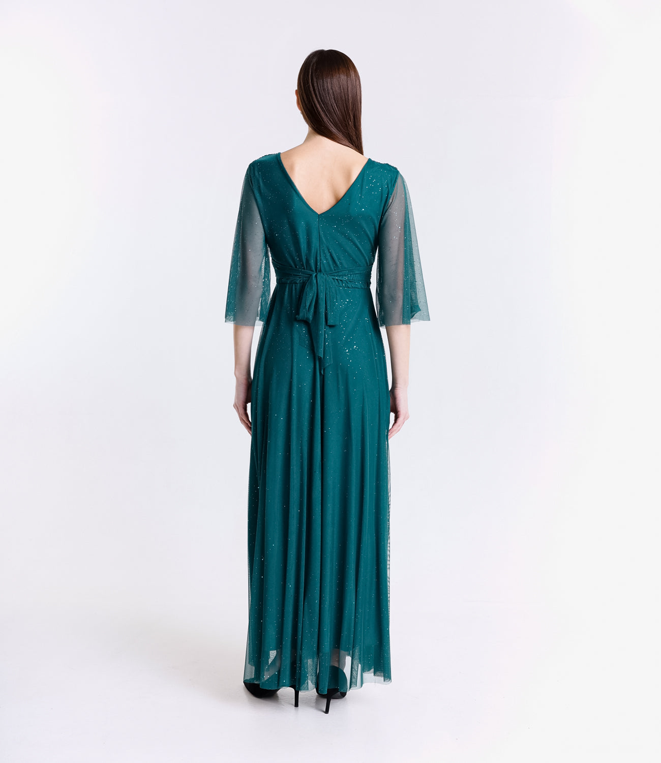 Abito da cerimonia ottanio con maniche di tulle e design avvolgente
