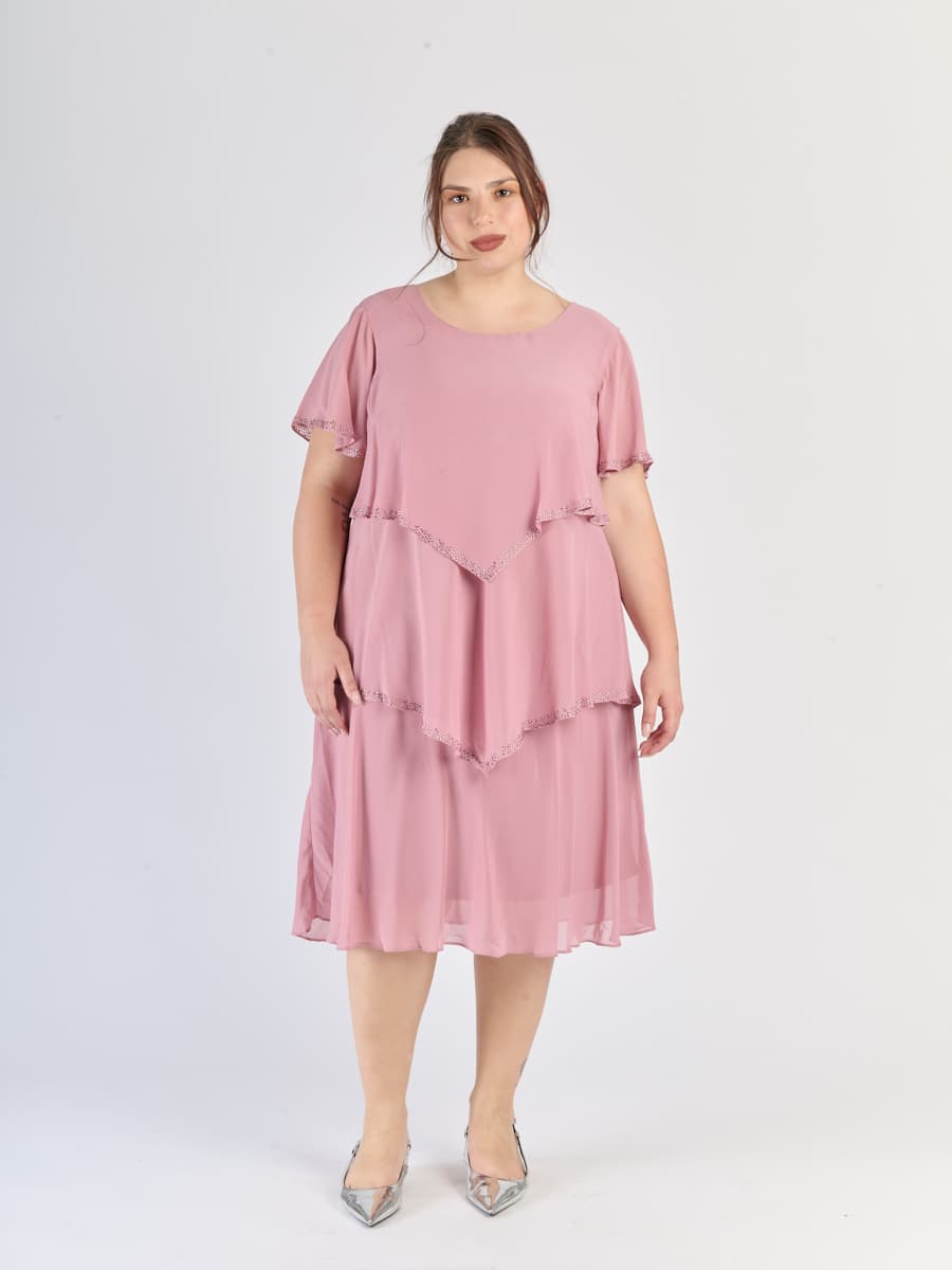 Abito rosa antico a tre strati in chiffon, maniche trasparenti e romanticismo vintage