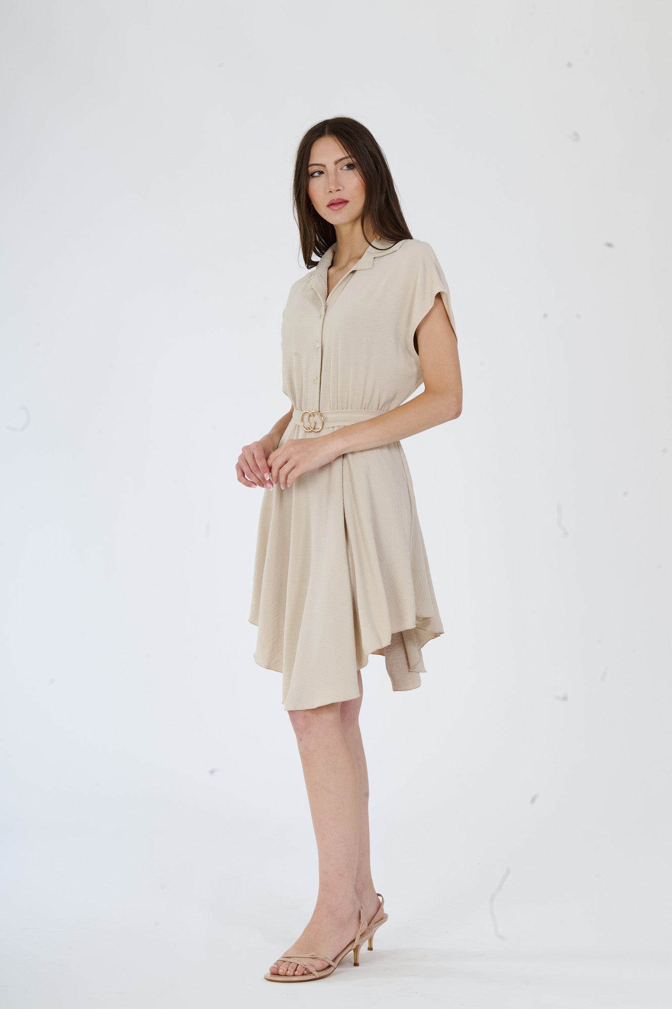 Lungo abito beige a camicia con silhouette avvolgente e dettagli di cucitura netti, perfetto per occasioni formali.