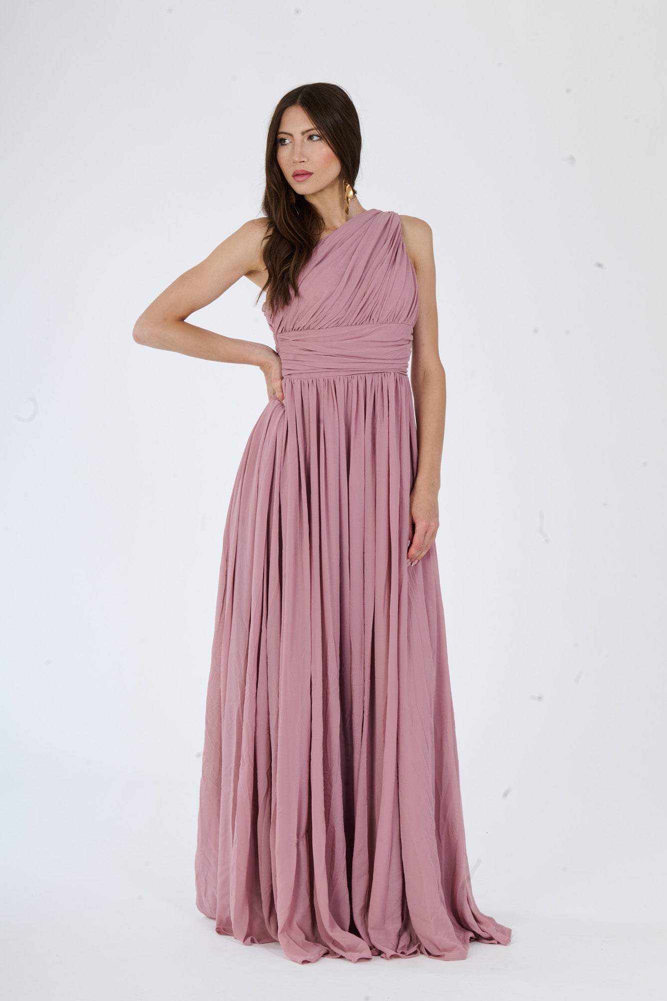 Abito elegante Rosa Antico, design a spalla unica, taglio aderente al busto e ampio in fond