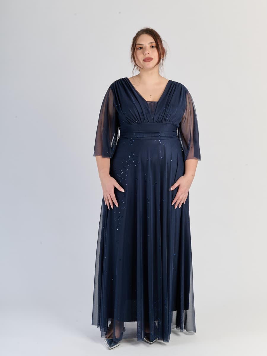 Vestito navy elegante, in tulle, con maniche chiffon e vita snodata, un blu perfetto.