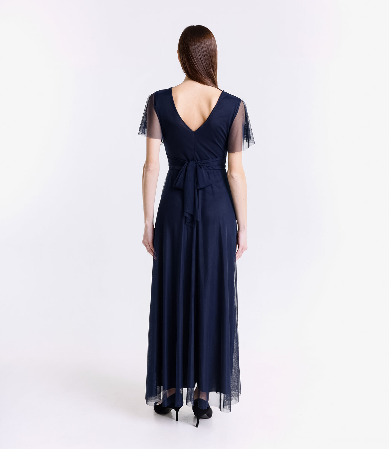 Abito blu scuro laccio vita, tulle trasparente, design elegante, per occasioni formali