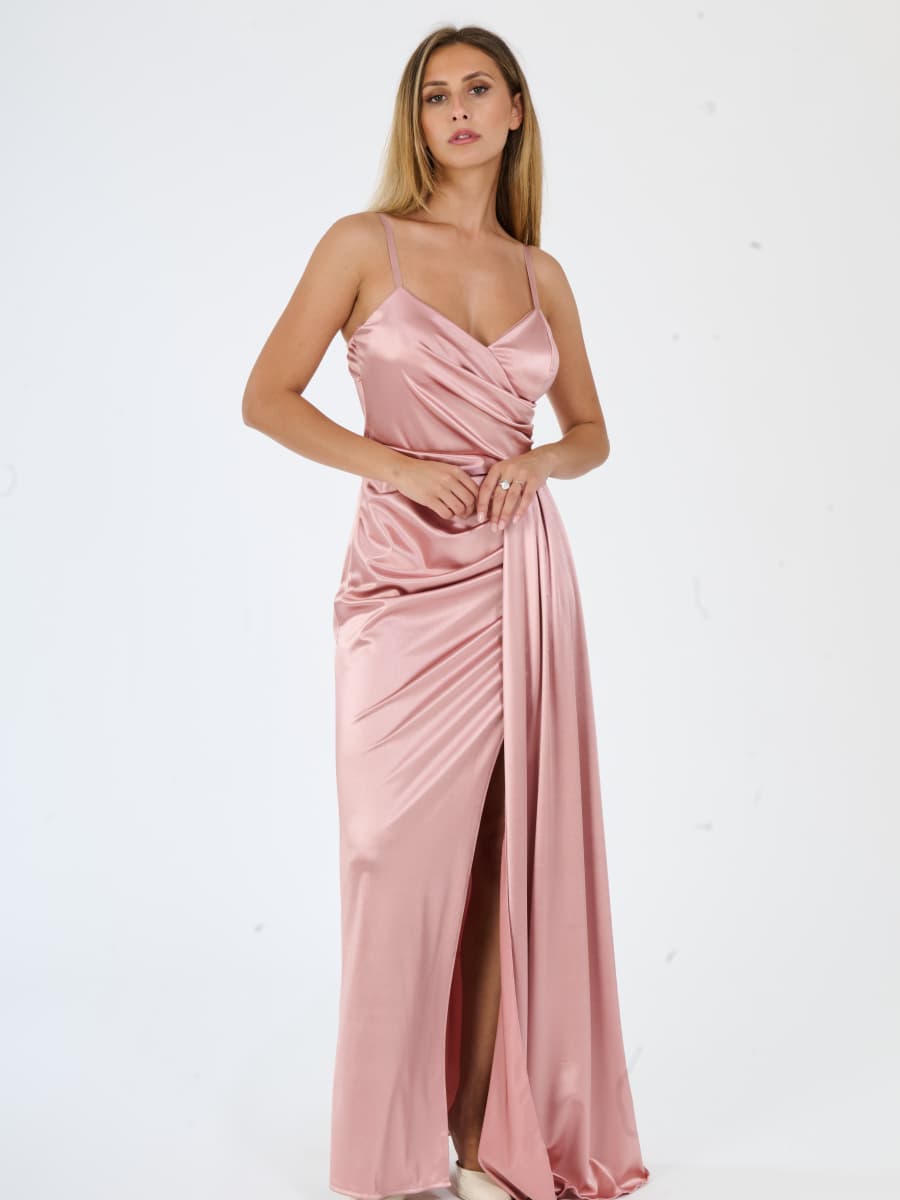 Vestito lungo in raso drappeggiato con spaccatura laterale Beatrice