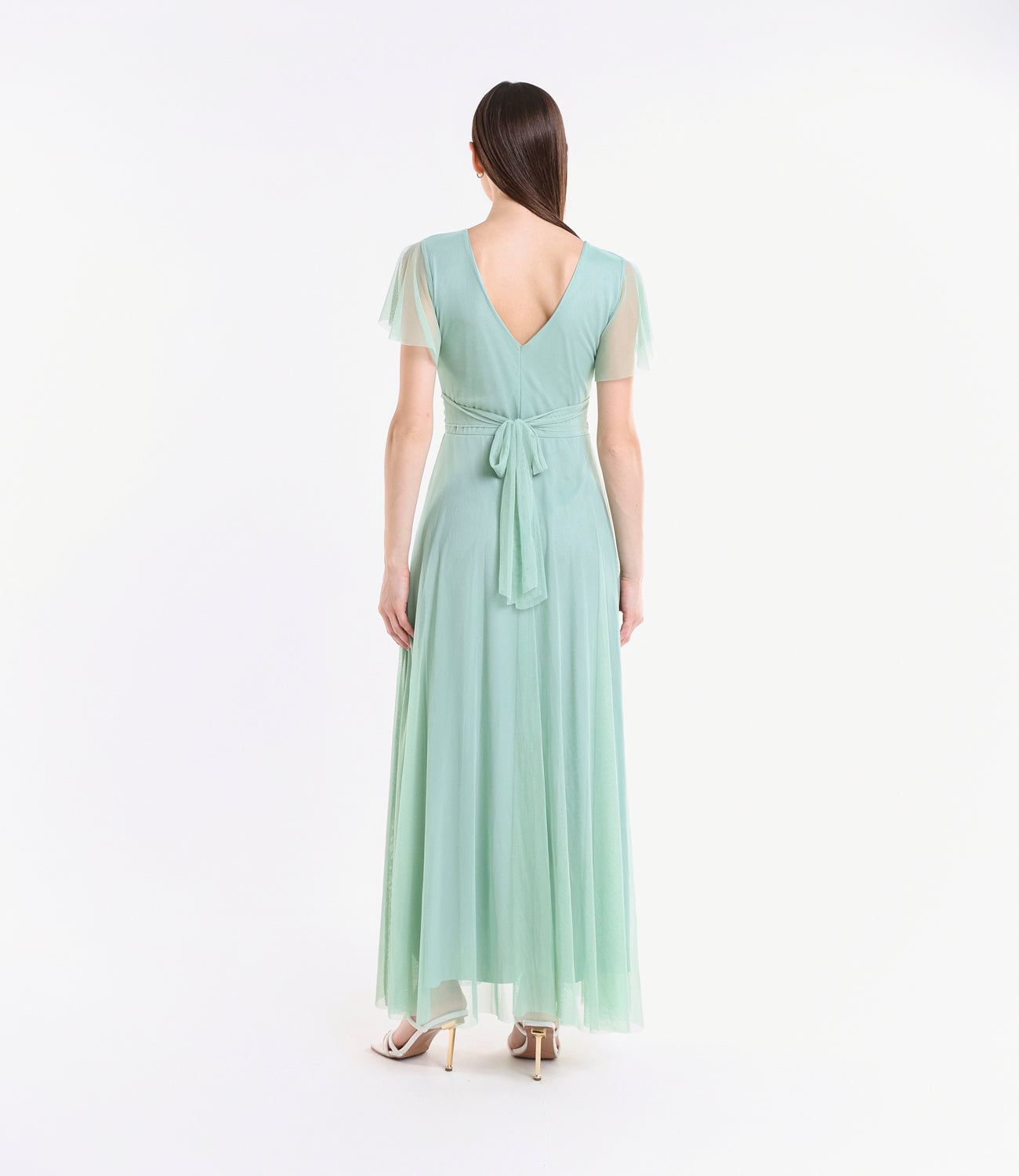 Abito salvia laccio vita, tulle trasparente, design raffinato, per eventi all’aperto