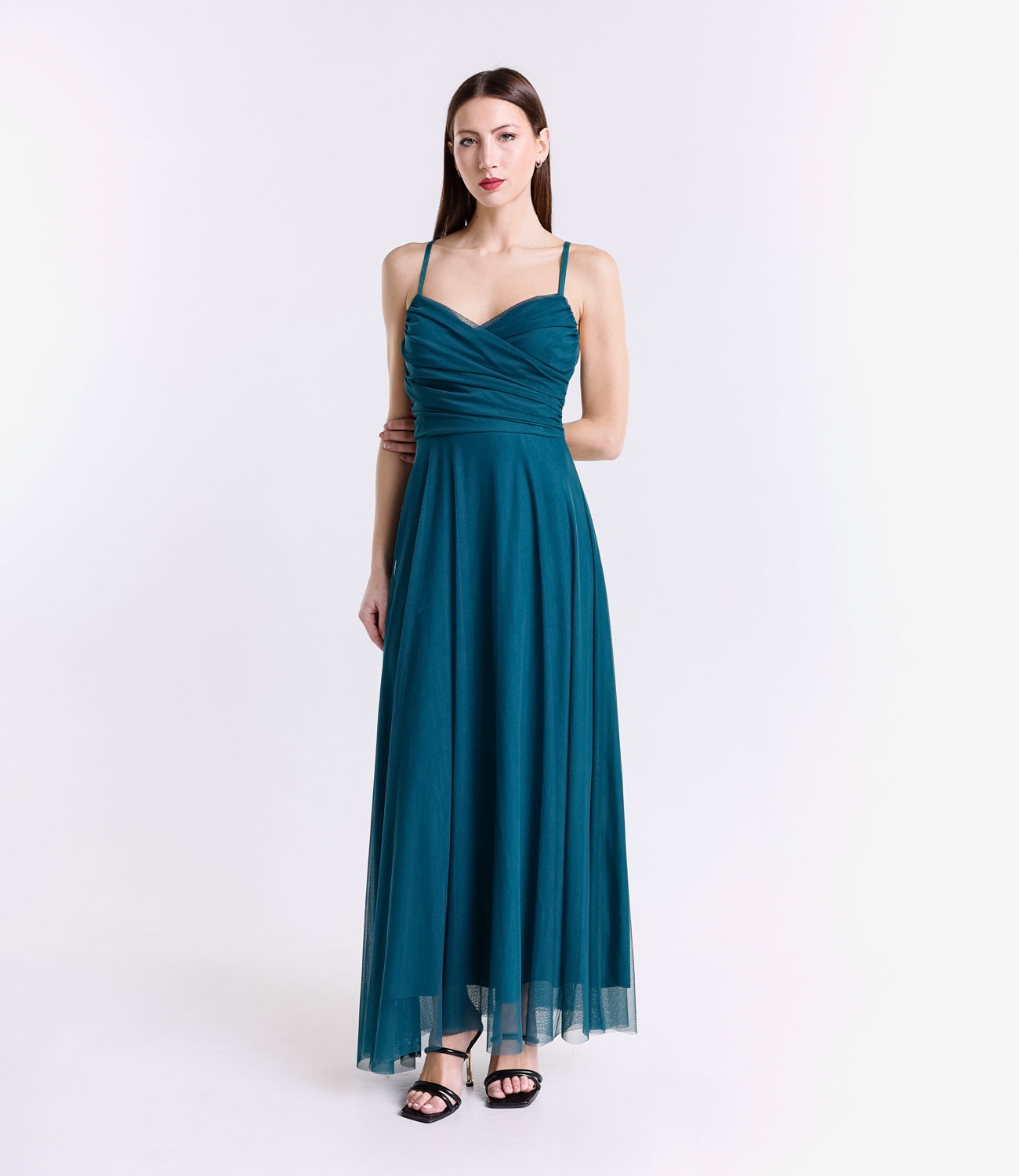 Vestito ottanio in tulle, spalline sottili, colore raro