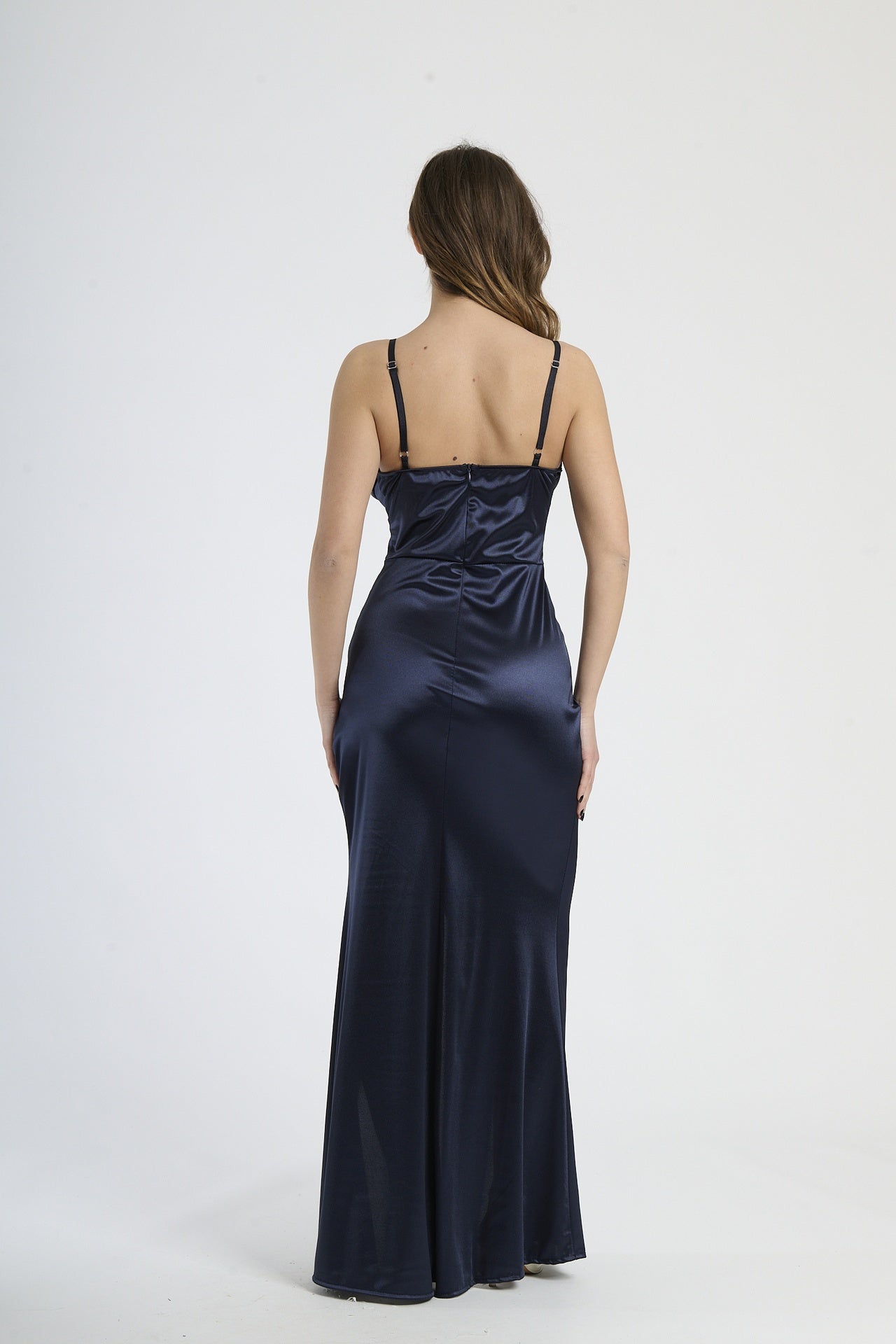 Abito elegante navy, taglio aderente con drappeggi e spacco laterale