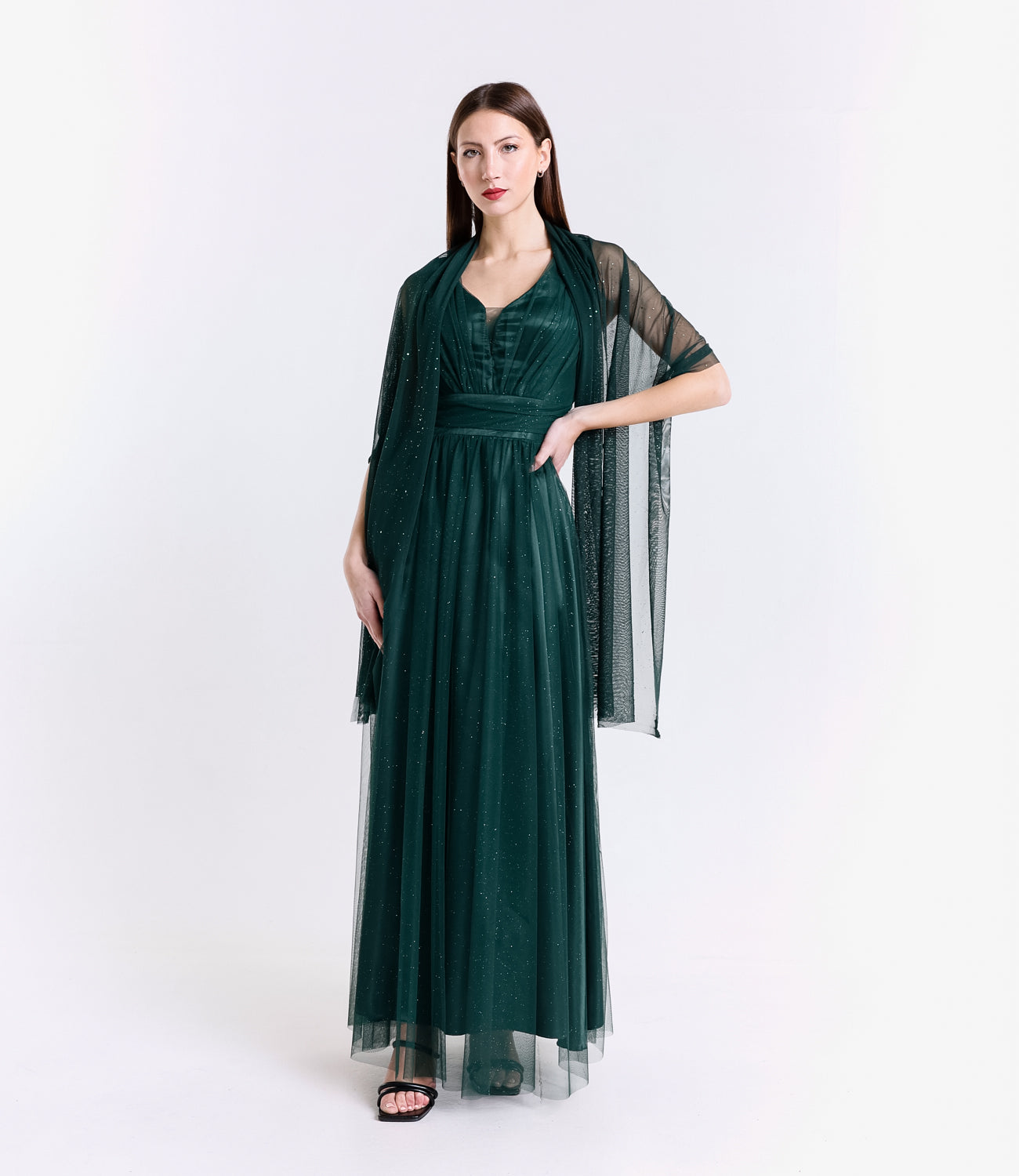 Abito da cerimonia verde.S in tulle, colore vivace e rassicurante