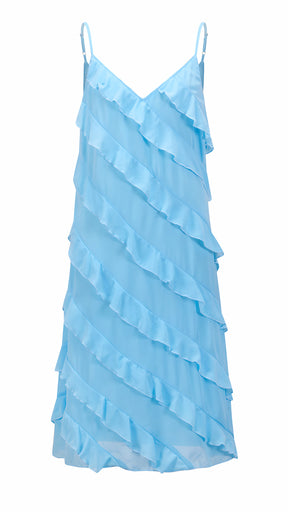 Vestito Donna Spalline Sottili con Balze Oblique, Abito Midi Smanicato Scollatura a V, Modello Elegante per Serate e Vacanze