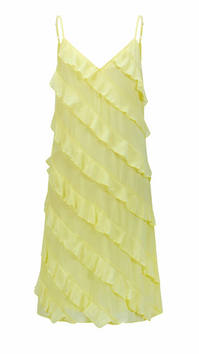 Vestito Donna Spalline Sottili con Balze Oblique, Abito Midi Smanicato Scollatura a V, Modello Elegante per Serate e Vacanze