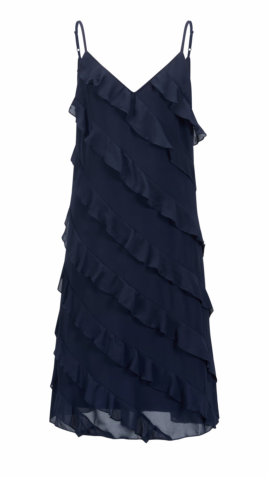 Vestito Donna Spalline Sottili con Balze Oblique, Abito Midi Smanicato Scollatura a V, Modello Elegante per Serate e Vacanze