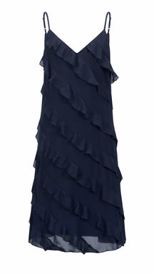 Vestito Donna Spalline Sottili con Balze Oblique, Abito Midi Smanicato Scollatura a V, Modello Elegante per Serate e Vacanze