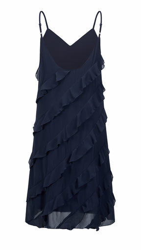 Vestito Donna Spalline Sottili con Balze Oblique, Abito Midi Smanicato Scollatura a V, Modello Elegante per Serate e Vacanze