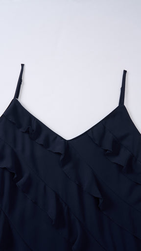 Vestito Donna Spalline Sottili con Balze Oblique, Abito Midi Smanicato Scollatura a V, Modello Elegante per Serate e Vacanze