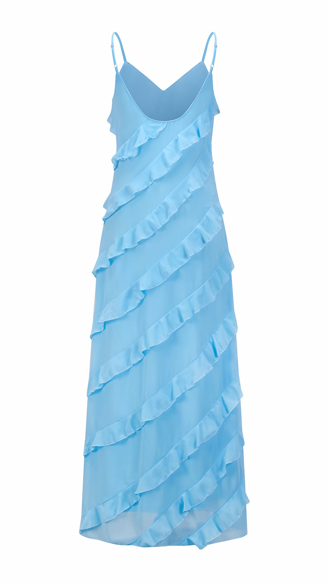 Vestito Maxi Spalline Regolabili con Balze Oblique, Abito Scollatura a V Fluido Donna per Vacanze e Feste