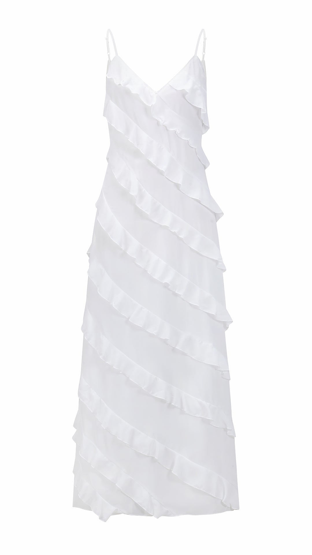 Vestito Maxi Spalline Regolabili con Balze Oblique, Abito Scollatura a V Fluido Donna per Vacanze e Feste