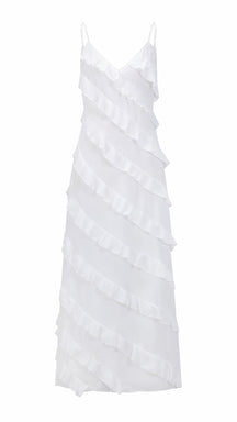 Vestito Maxi Spalline Regolabili con Balze Oblique, Abito Scollatura a V Fluido Donna per Vacanze e Feste
