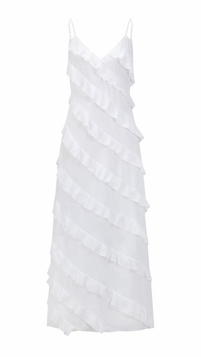 Vestito Maxi Spalline Regolabili con Balze Oblique, Abito Scollatura a V Fluido Donna per Vacanze e Feste