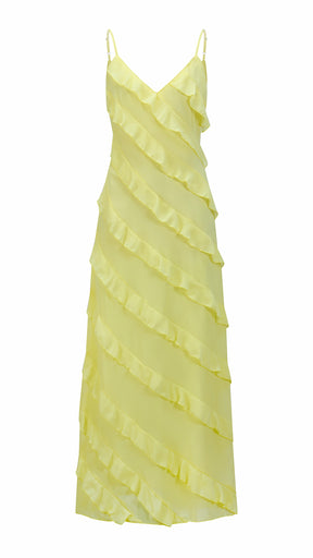 Vestito Maxi Spalline Regolabili con Balze Oblique, Abito Scollatura a V Fluido Donna per Vacanze e Feste