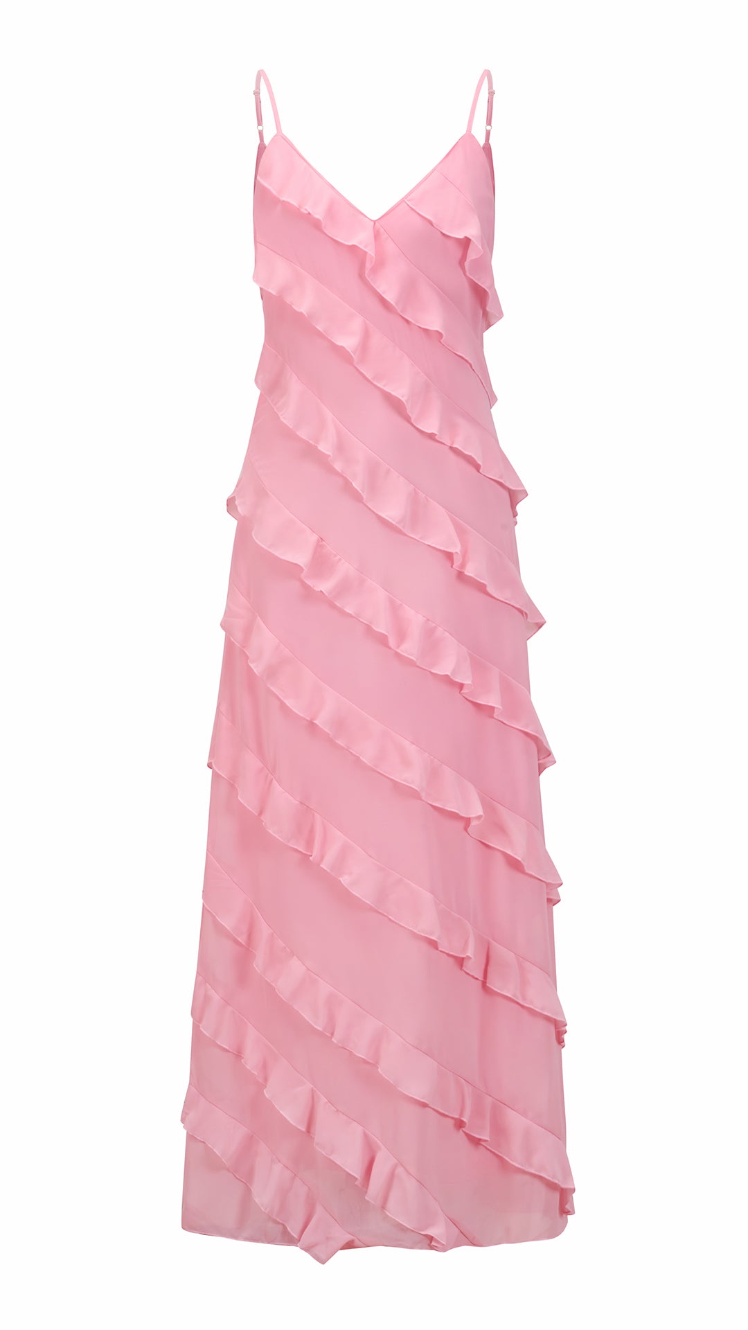 Vestito Maxi Spalline Regolabili con Balze Oblique, Abito Scollatura a V Fluido Donna per Vacanze e Feste