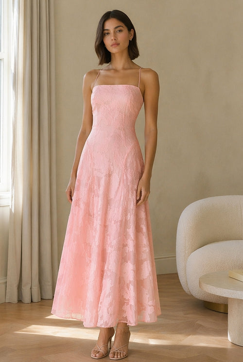 Abito midi elegante a spalline sottili con scollo a fascia, tessuto jacquard floreale e dettaglio a croce sul retro