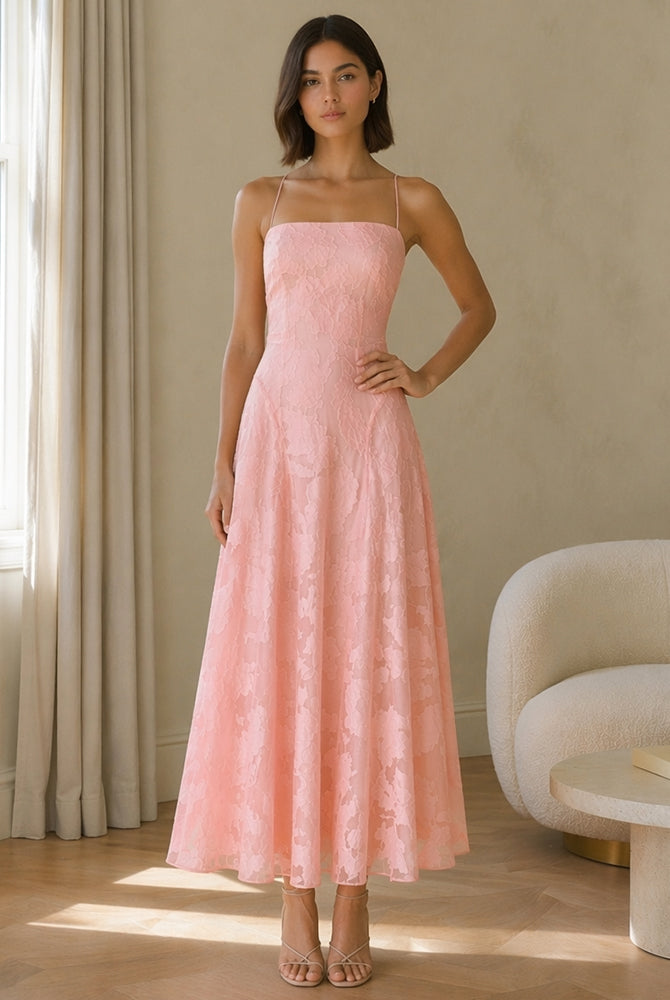 Abito midi elegante a spalline sottili con scollo a fascia, tessuto jacquard floreale e dettaglio a croce sul retro（副本）