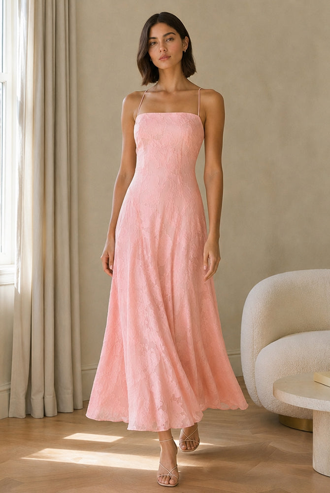 Abito midi elegante a spalline sottili con scollo a fascia, tessuto jacquard floreale e dettaglio a croce sul retro（副本）