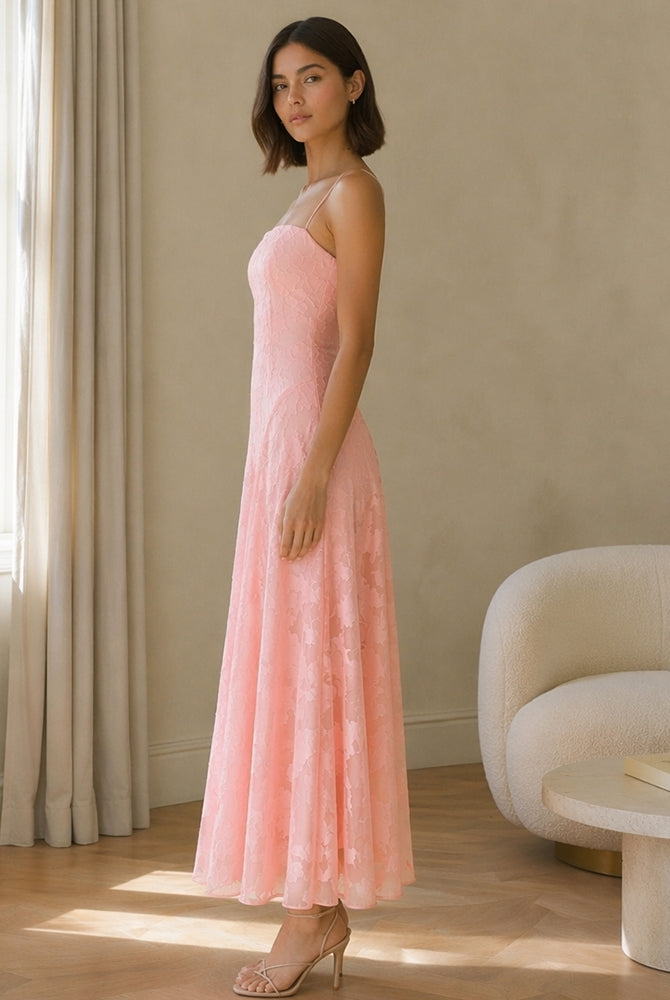 Abito midi elegante a spalline sottili con scollo a fascia, tessuto jacquard floreale e dettaglio a croce sul retro（副本）