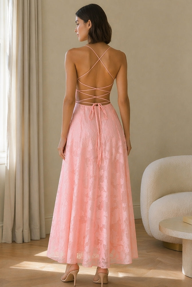 Abito midi elegante a spalline sottili con scollo a fascia, tessuto jacquard floreale e dettaglio a croce sul retro（副本）