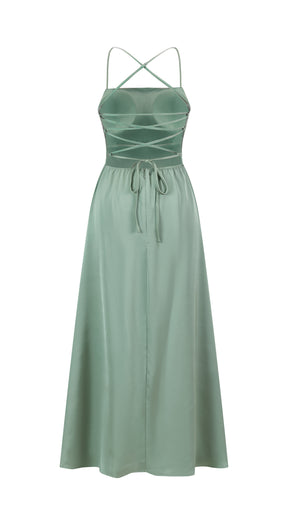 Abito Lungo in Satin con Spalline Sottili e Schiena a Croce - Eleganza per Matrimoni e Serate