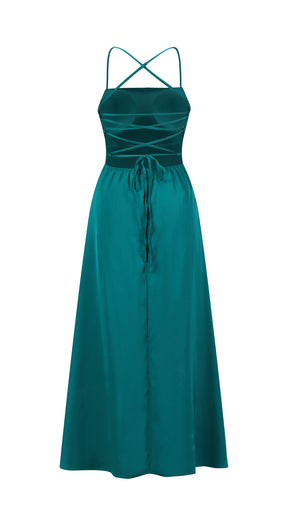 Abito Lungo in Satin con Spalline Sottili e Schiena a Croce - Eleganza per Matrimoni e Serate