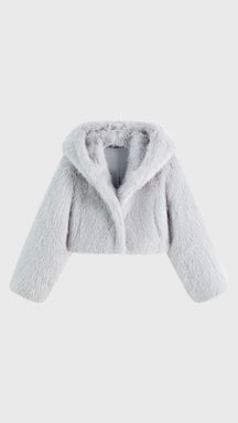 Giacca cropped in pelliccia sintetica con cappuccio ampio