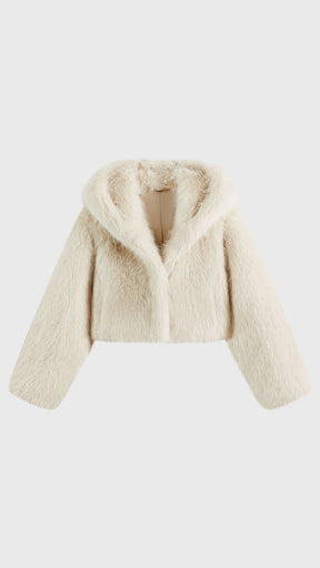 Giacca cropped in pelliccia sintetica con cappuccio ampio