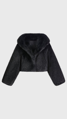 Giacca cropped in pelliccia sintetica con cappuccio ampio