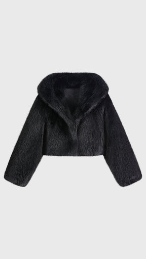 Giacca cropped in pelliccia sintetica con cappuccio ampio