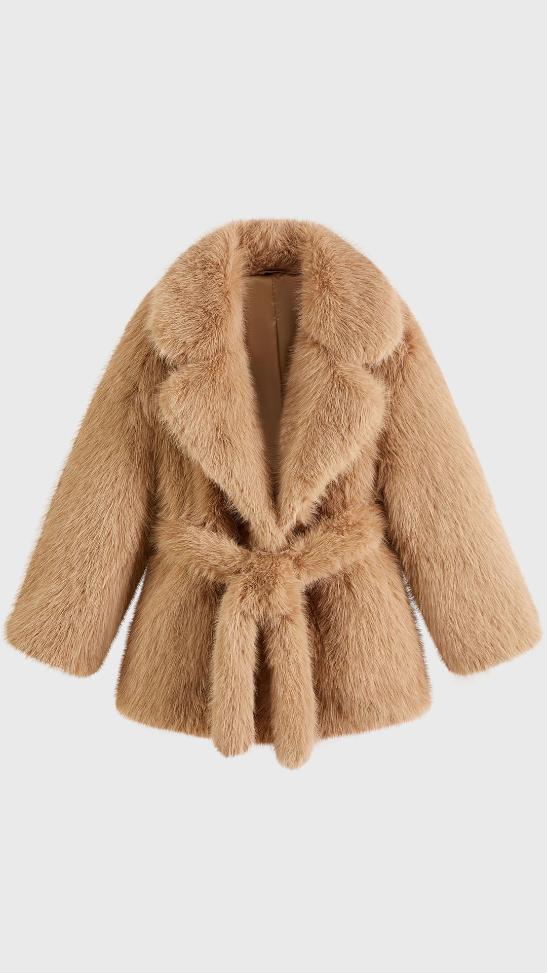 Cappotto corto in pelliccia sintetica con colletto a revers e cintura