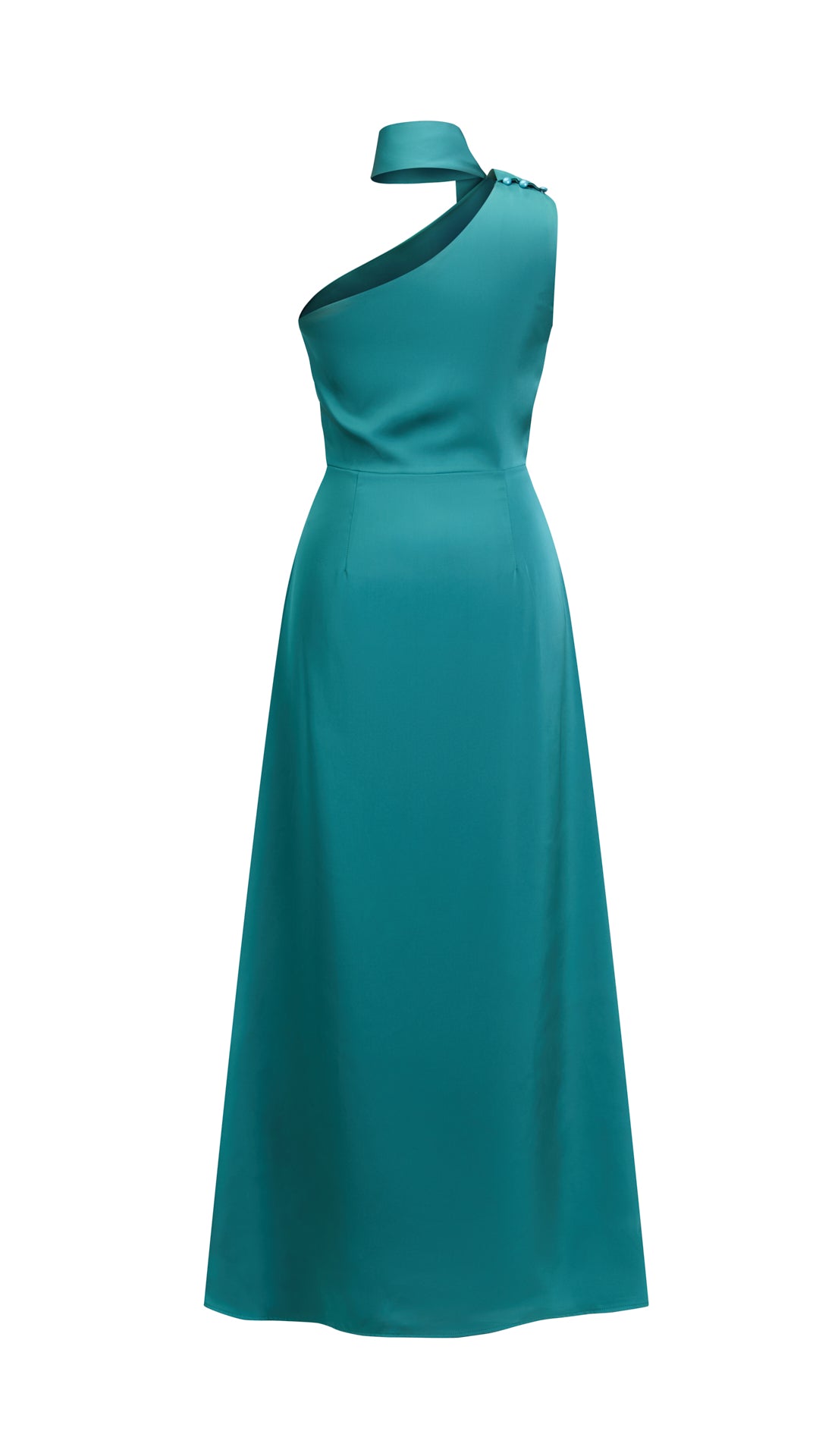Abito Lungo Monospalla con Collarino e Fiocco in Satin - Eleganza per Matrimoni e Serate Speciali（副本）