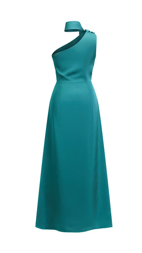 Abito Lungo Monospalla con Collarino e Fiocco in Satin - Eleganza per Matrimoni e Serate Speciali