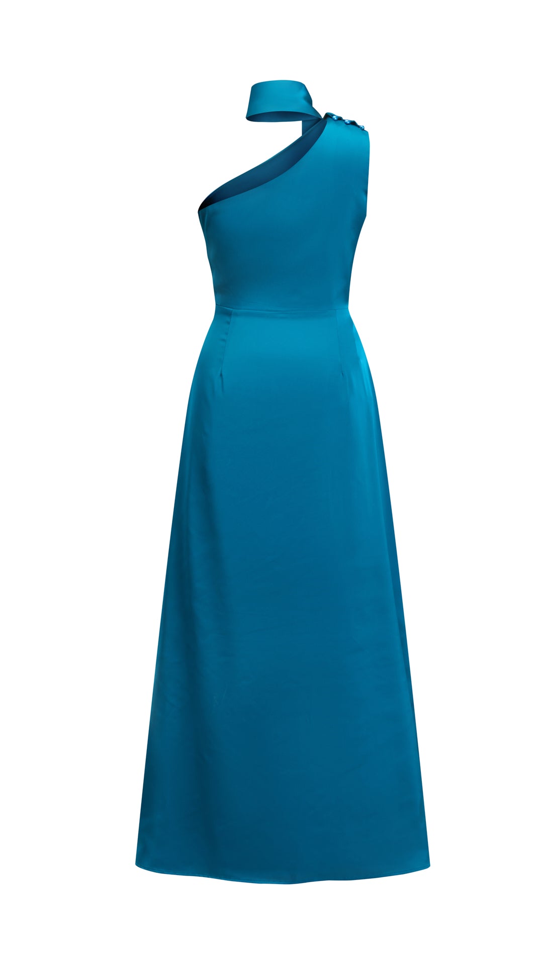 Abito Lungo Monospalla con Collarino e Fiocco in Satin - Eleganza per Matrimoni e Serate Speciali