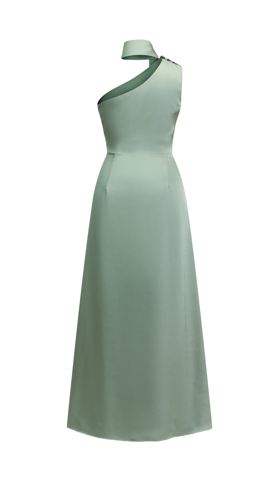 Abito Lungo Monospalla con Collarino e Fiocco in Satin - Eleganza per Matrimoni e Serate Speciali（副本）