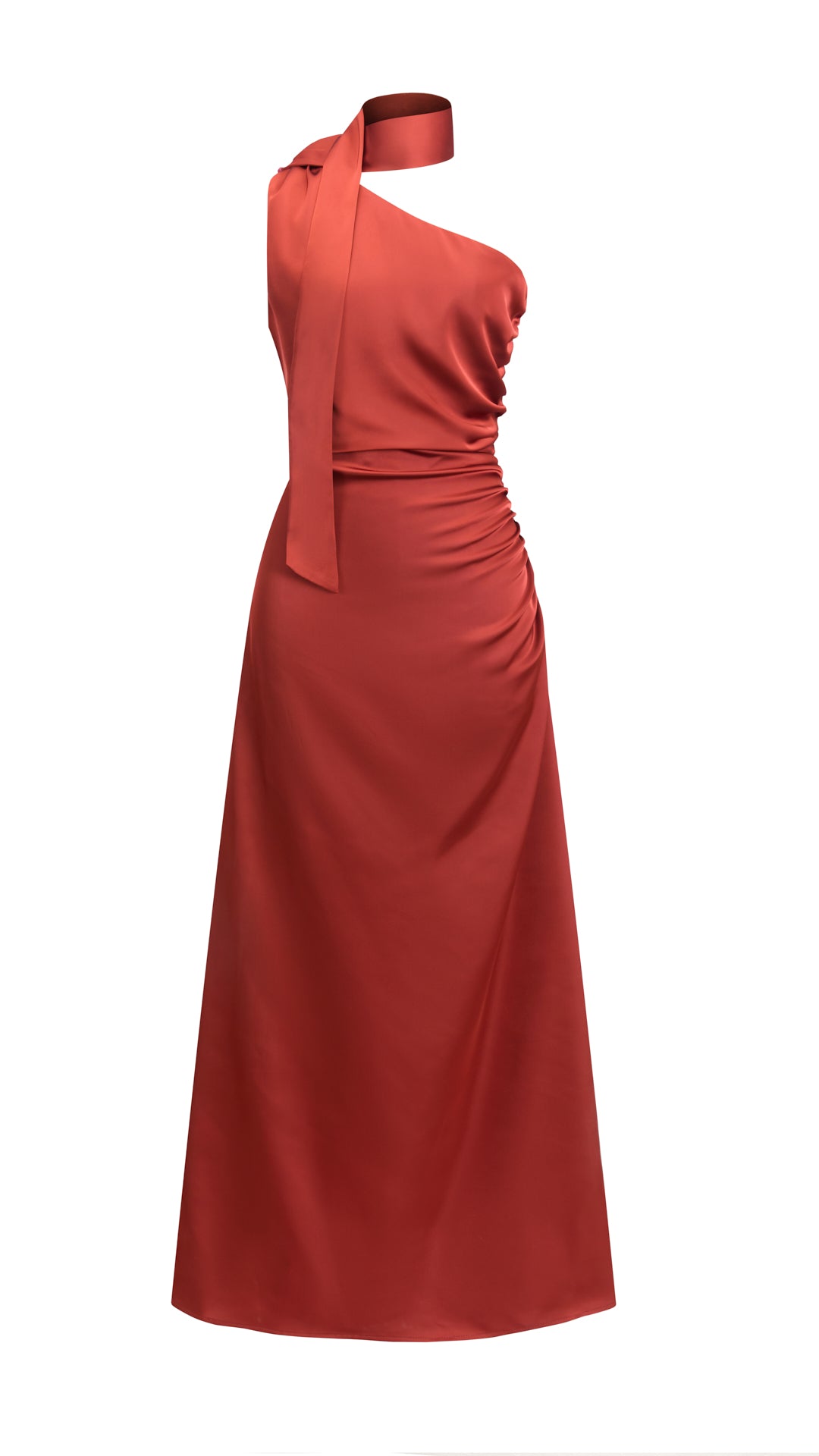 Abito Lungo Monospalla con Collarino e Fiocco in Satin - Eleganza per Matrimoni e Serate Speciali