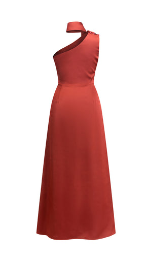 Abito Lungo Monospalla con Collarino e Fiocco in Satin - Eleganza per Matrimoni e Serate Speciali