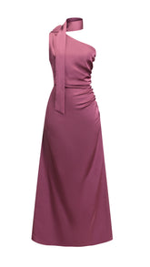 Abito Lungo Monospalla con Collarino e Fiocco in Satin - Eleganza per Matrimoni e Serate Speciali
