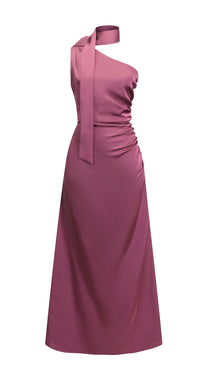 Abito Lungo Monospalla con Collarino e Fiocco in Satin - Eleganza per Matrimoni e Serate Speciali