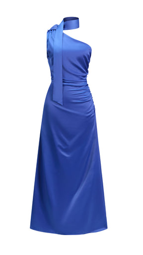 Abito Lungo Monospalla con Collarino e Fiocco in Satin - Eleganza per Matrimoni e Serate Speciali