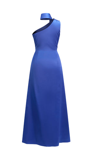 Abito Lungo Monospalla con Collarino e Fiocco in Satin - Eleganza per Matrimoni e Serate Speciali