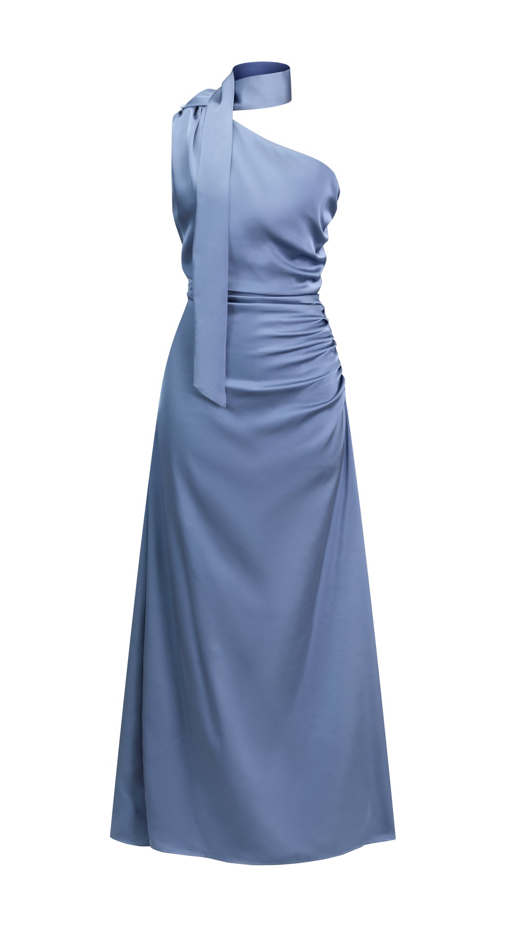 Abito Lungo Monospalla con Collarino e Fiocco in Satin - Eleganza per Matrimoni e Serate Speciali