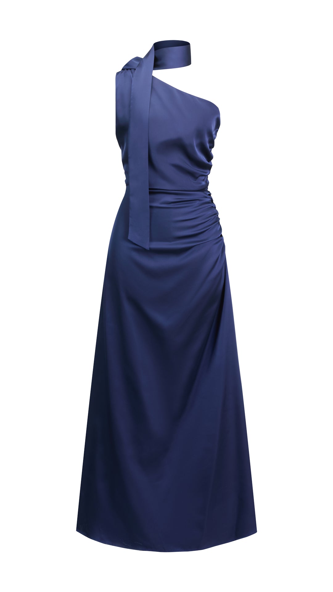 Abito Lungo Monospalla con Collarino e Fiocco in Satin - Eleganza per Matrimoni e Serate Speciali