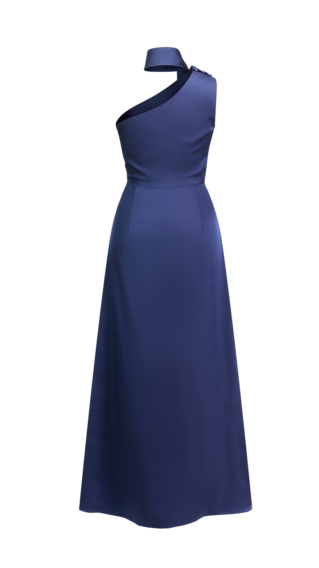Abito Lungo Monospalla con Collarino e Fiocco in Satin - Eleganza per Matrimoni e Serate Speciali（副本）