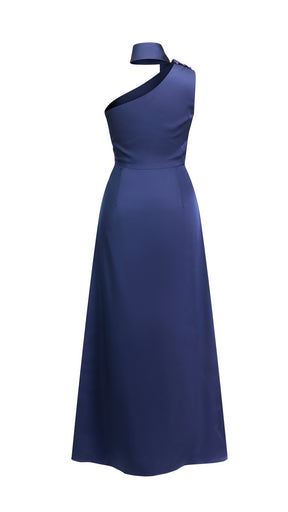 Abito Lungo Monospalla con Collarino e Fiocco in Satin - Eleganza per Matrimoni e Serate Speciali