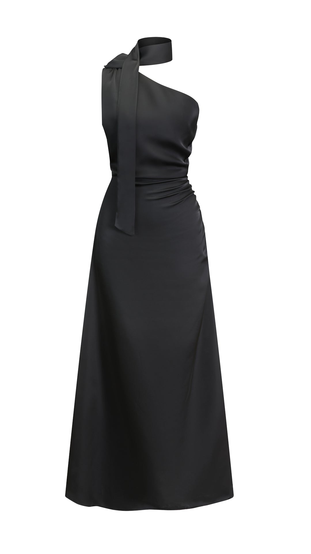 Abito Lungo Monospalla con Collarino e Fiocco in Satin - Eleganza per Matrimoni e Serate Speciali